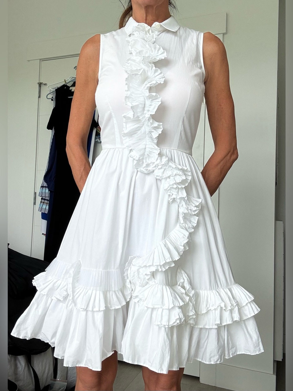 Pink Tartan Women's White Sleeveless Ruffle Front Dress